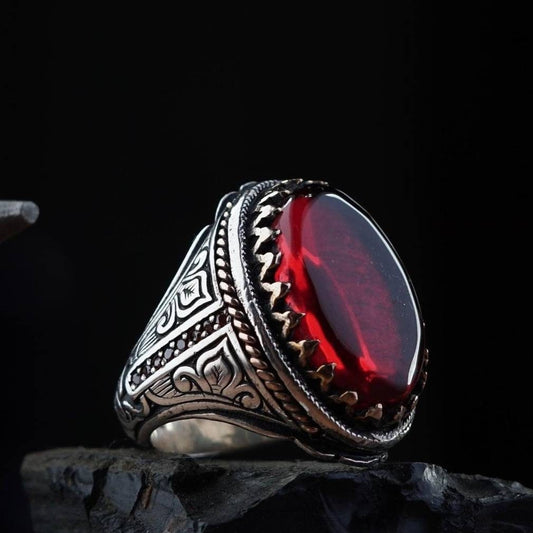 Handmade Red Amber Men's Silver Ring Adjustable Ottoman