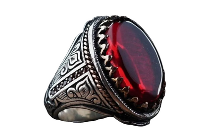 Red Amber Ring 925 Silver Garnet Ottoman Engraved