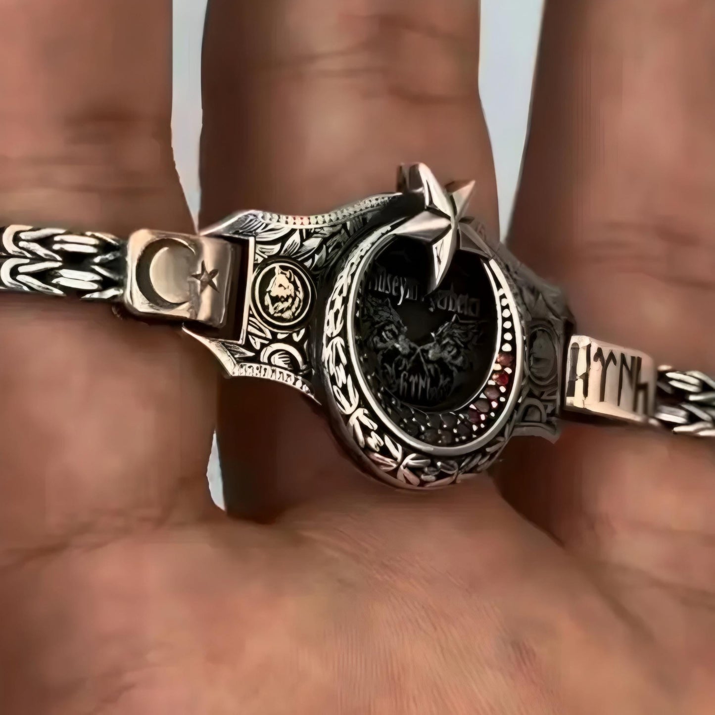 Crescent Star 925 Sterling Silver Men's Bracelet Personalized Name Engraving OttomanSymbol