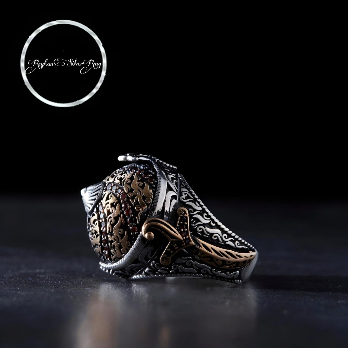 Red Zircon Ring 925 Silver Ottoman Helmet Handmade Men