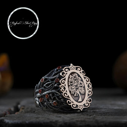 Family Tree Ring 925 Sterling Silver Red Stone Custom 4 Names Bark Texture Handcrafted