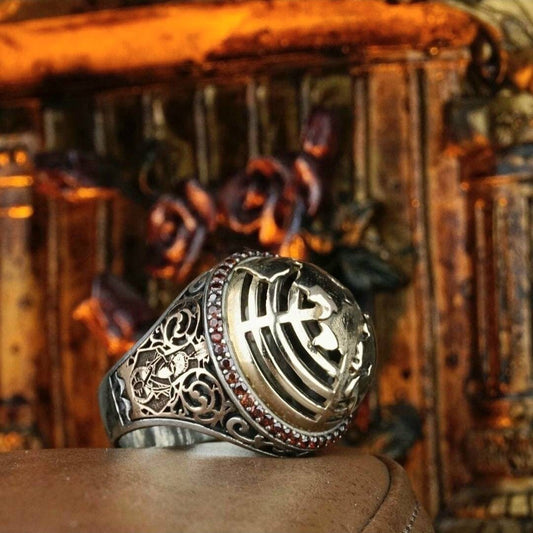 Janissary Ring 925 Sterling Silver Red Zircon OttomanMen Handcrafted