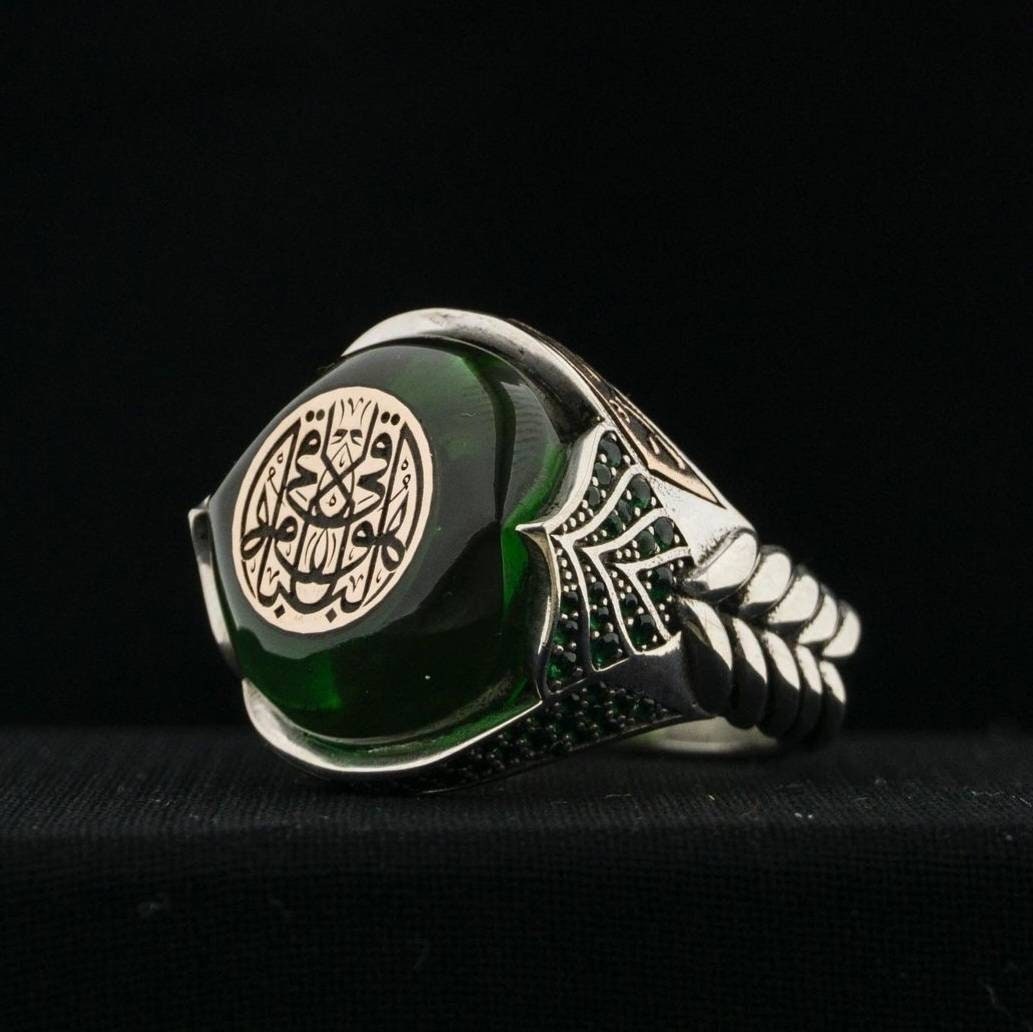 Green Amber Ottoman Signet Ring 925 Silver Personalized