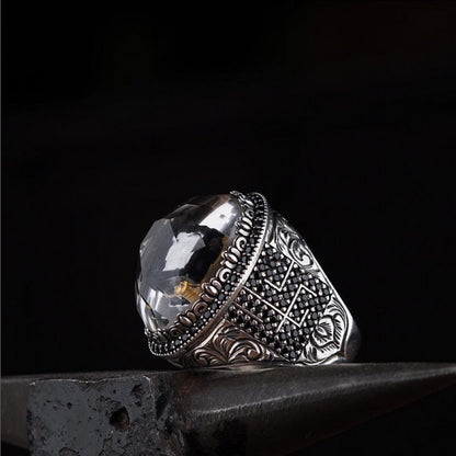 Kaaba Crystal Quartz Ring 925 Sterling Silver Kufic Calligraphy