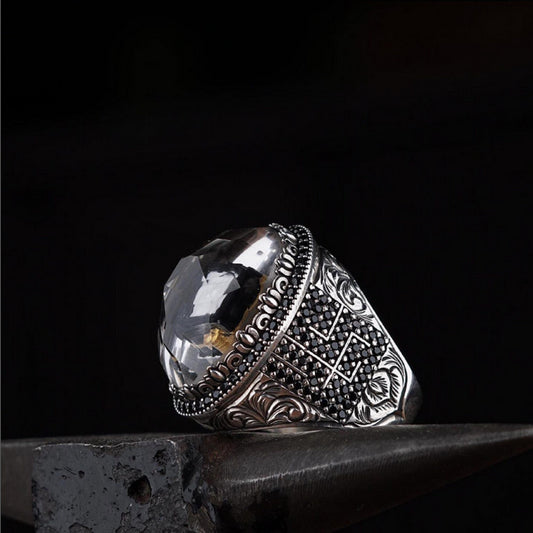 Kaaba Crystal Quartz Ring 925 Sterling Silver Kufic Calligraphy OttomanHandcrafted