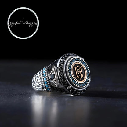 Initial Letter Ring 925 Silver Turquoise Personalized Handmade