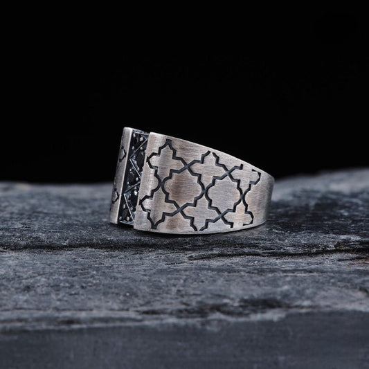 Black Zircon Men's Ring 925 Sterling Silver Handcrafted Turkish Jewelry