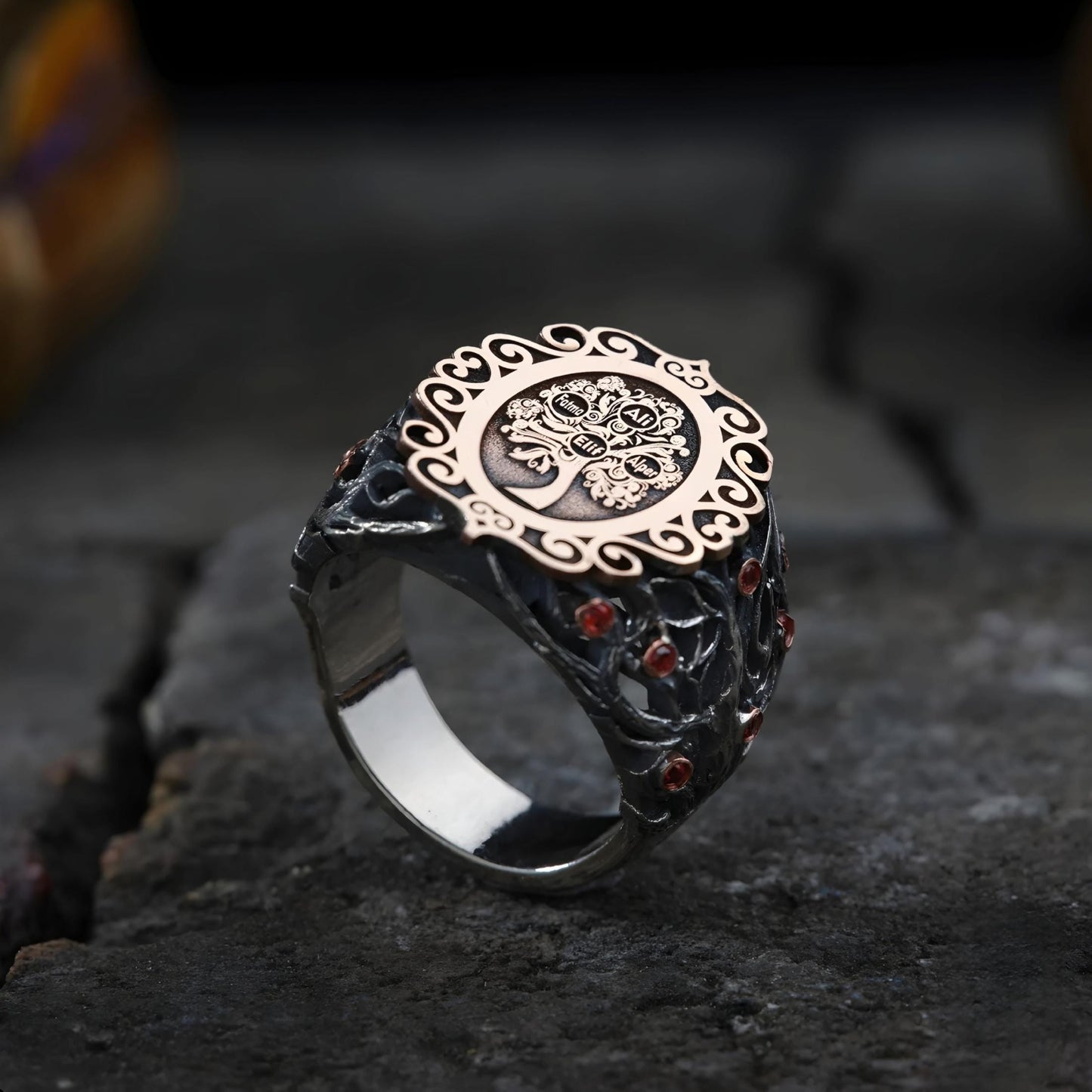 Family Tree Ring 925 Sterling Silver Red Stone Custom 4 Names Bark Texture Handcrafted
