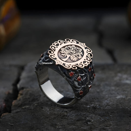 Family Tree Ring 925 Sterling Silver Red Stone Custom 4 Names Bark Texture Handcrafted