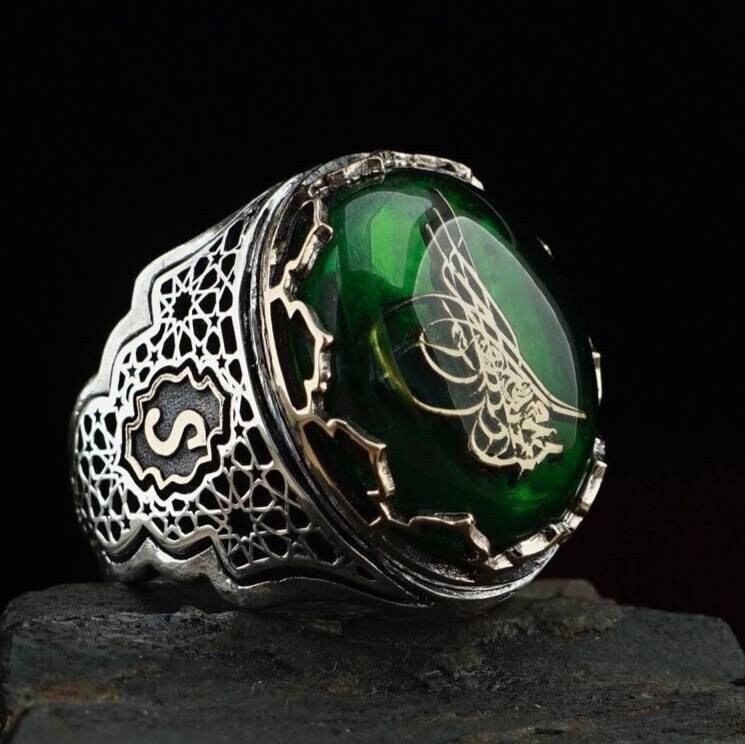 Green Amber Ring 925 Sterling Silver Personalized OttomanSeal Men