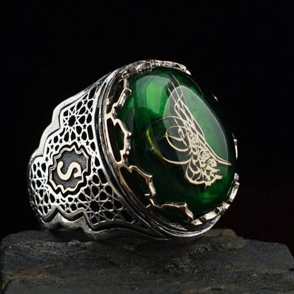 Green Amber Ring 925 Sterling Silver Personalized OttomanSeal Men