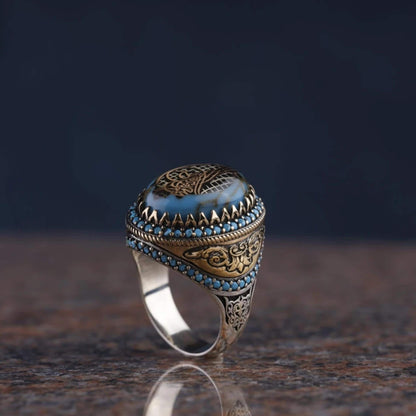 Turquoise Firuze 925 Sterling Silver Ring OttomanTughra Symbol Men's Handcrafted