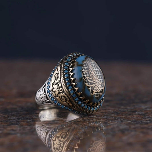 Turquoise Firuze 925 Sterling Silver Ring OttomanTughra Symbol Men's Handcrafted
