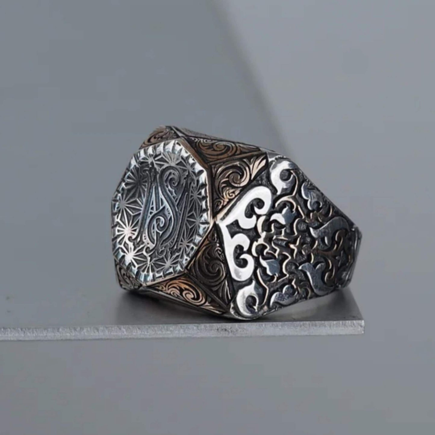 Monogram Octagon Ring – Custom Initial Engraving 925 Sterling Silver