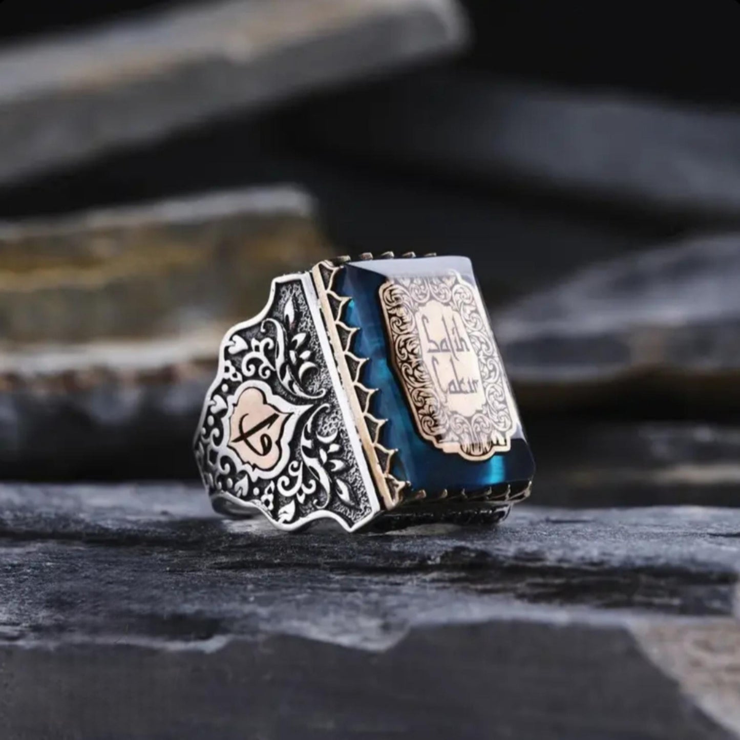 Blue Amber Ring – Arabic Vav & Elif Calligraphy | 925 Silver