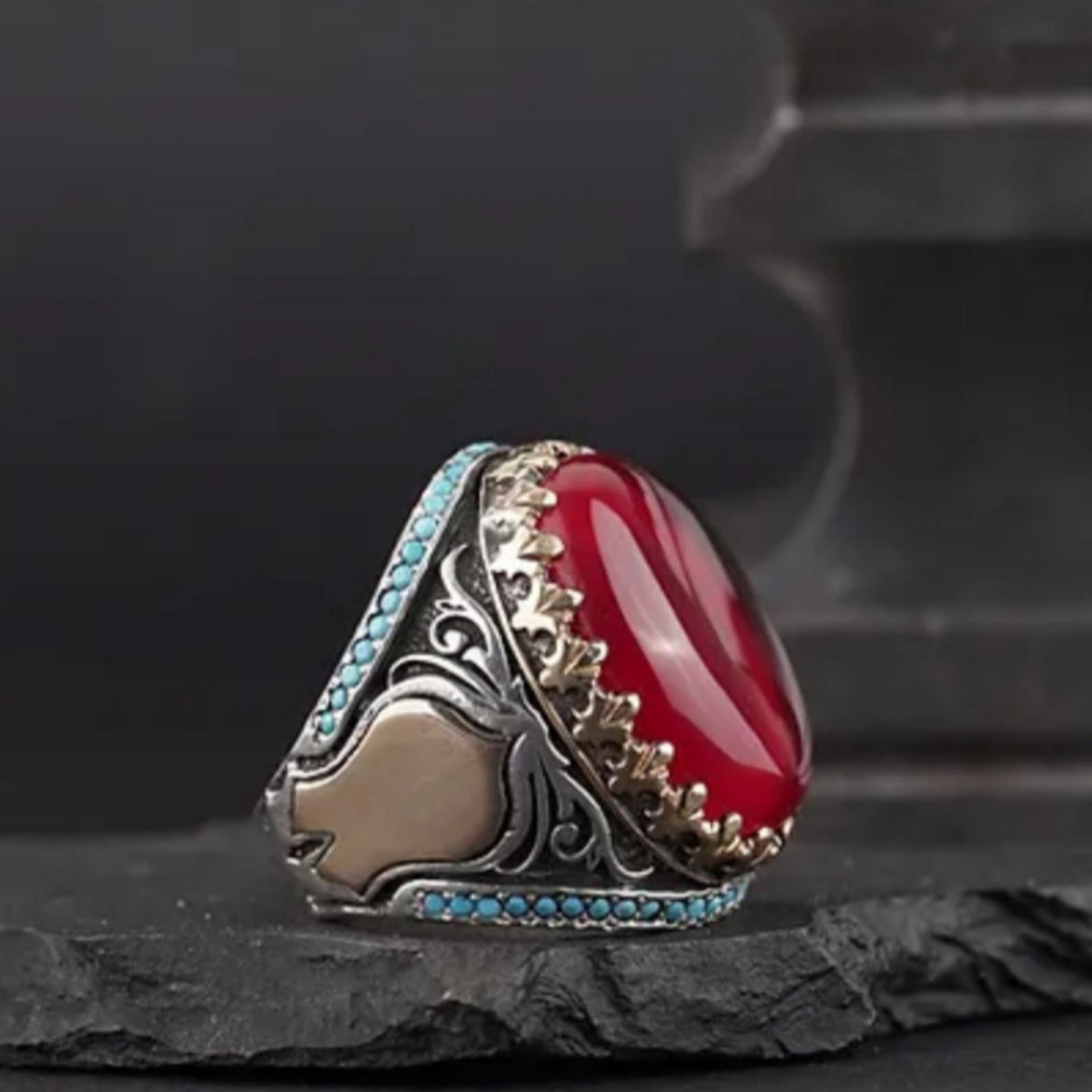 Ottoman Silver Ring with Red Fire Amber & Turquoise Zircon