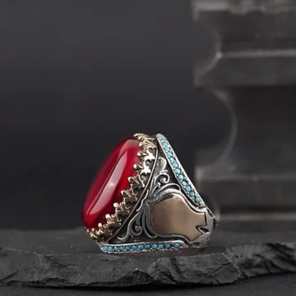 Ottoman Silver Ring with Red Fire Amber & Turquoise Zircon