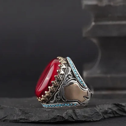 Ottoman Silver Ring with Red Fire Amber & Turquoise Zircon