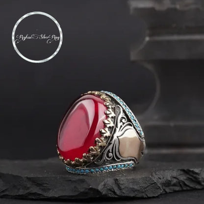 Ottoman Silver Ring with Red Fire Amber & Turquoise Zircon