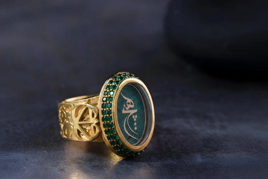 Islamic Calligraphy Ring – Green Zircon & Yellow Gold Plated 925 Silver | Women's Ring