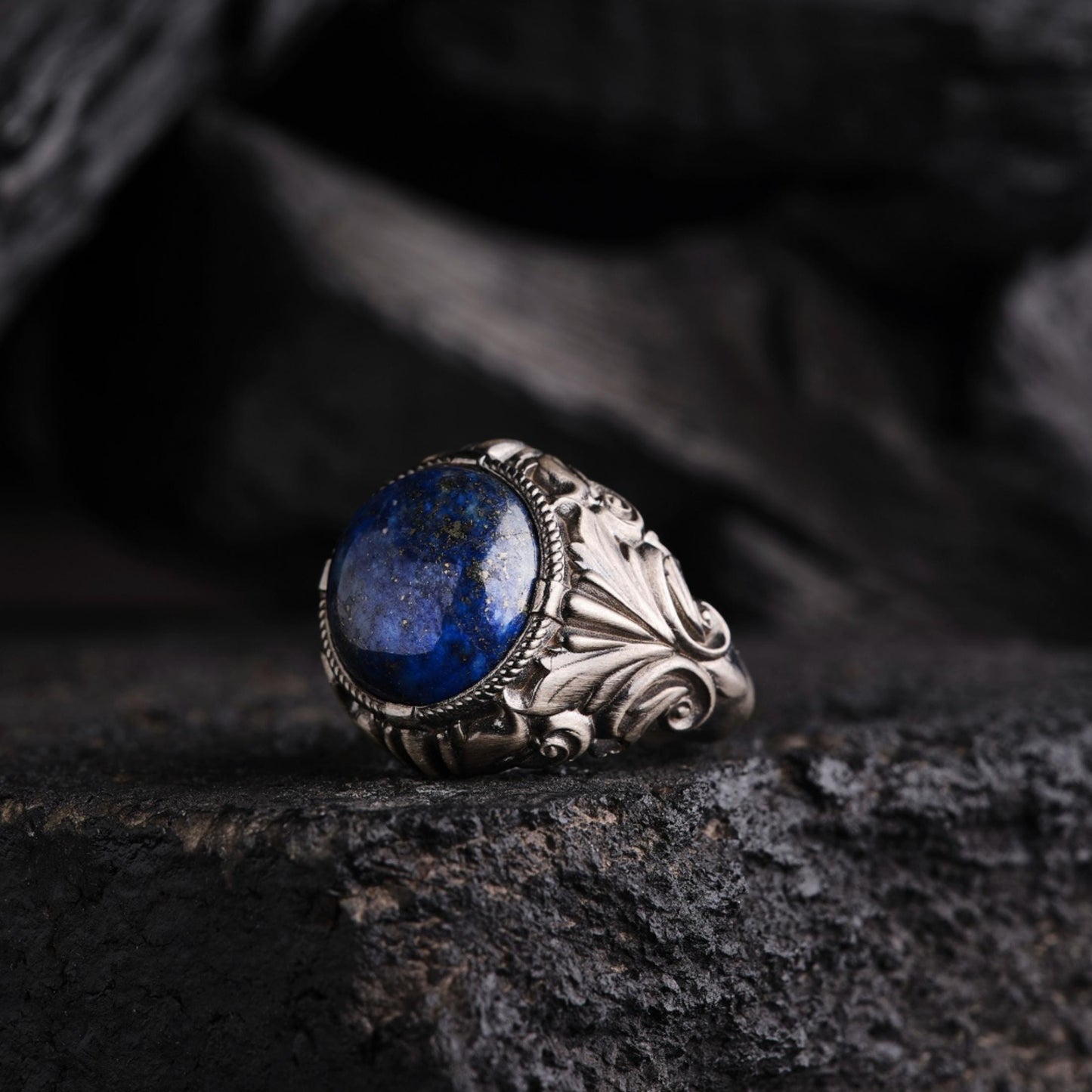 Lapis Lazuli Ring 925 Silver Ottoman Split Shank Oxidized Handmade