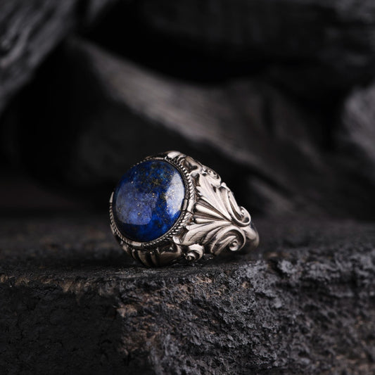 Lapis Lazuli Ring 925 Silver Ottoman Split Shank Oxidized Handmade