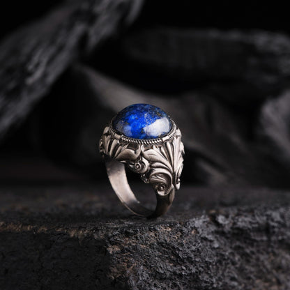 Lapis Lazuli Ring 925 Silver Ottoman Split Shank Oxidized Handmade
