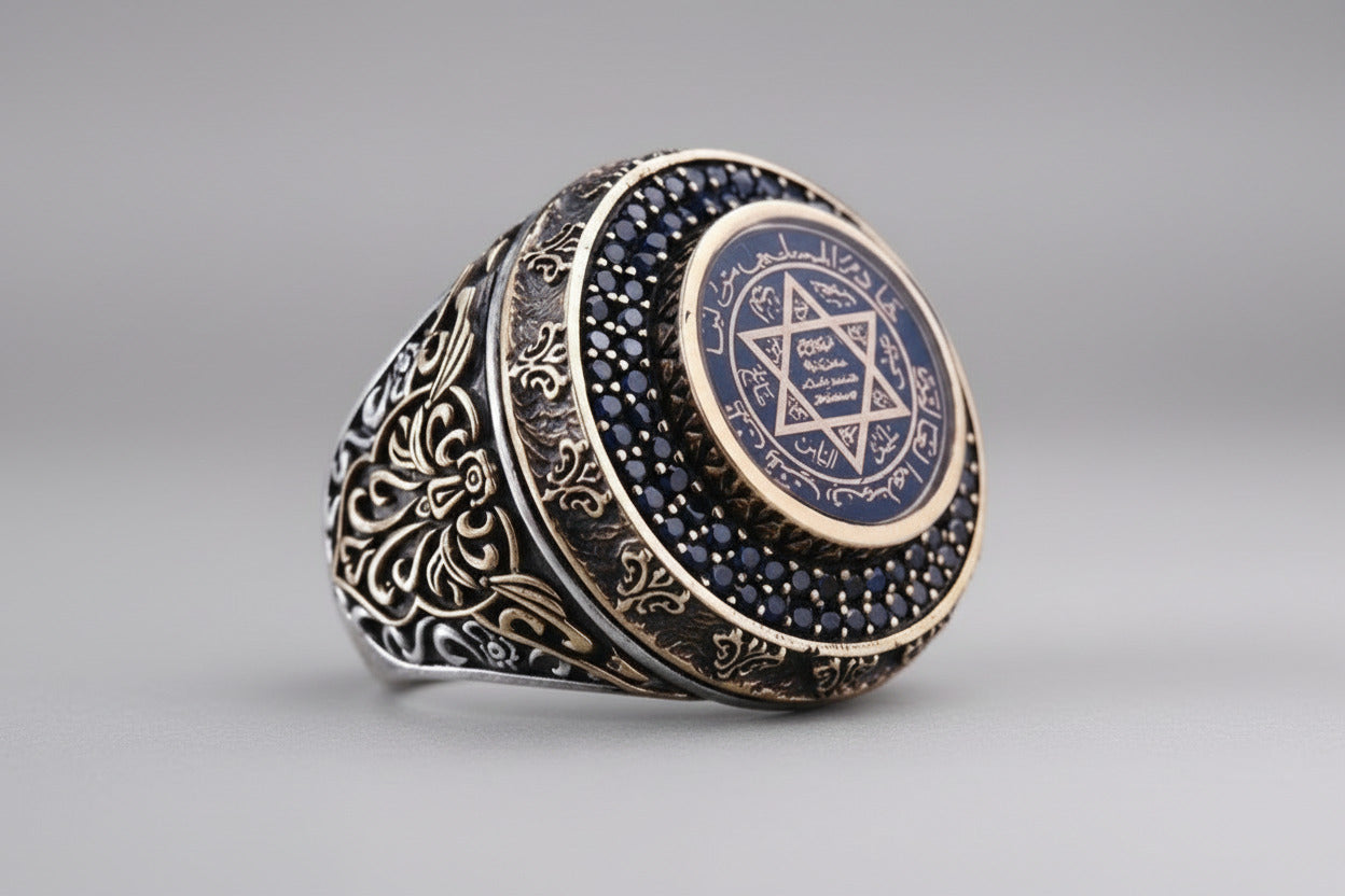 Blue Amber Kabbalistic Seal of Solomon Ring