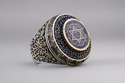 Blue Amber Kabbalistic Seal of Solomon Ring