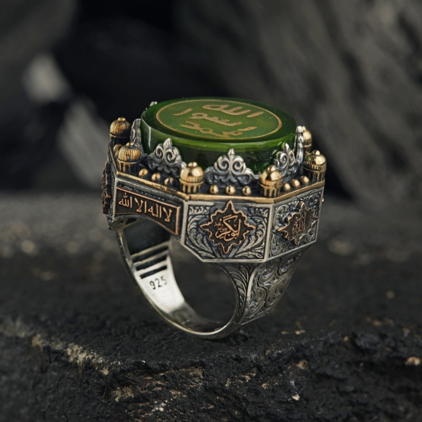 Green Amber Islamic Ring 925 Silver Prophet Seal Ottoman