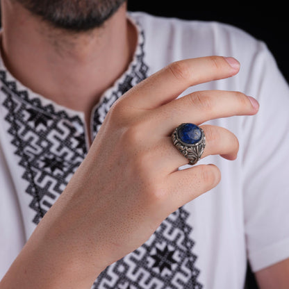 Lapis Lazuli Ring 925 Silver Ottoman Split Shank Oxidized Handmade