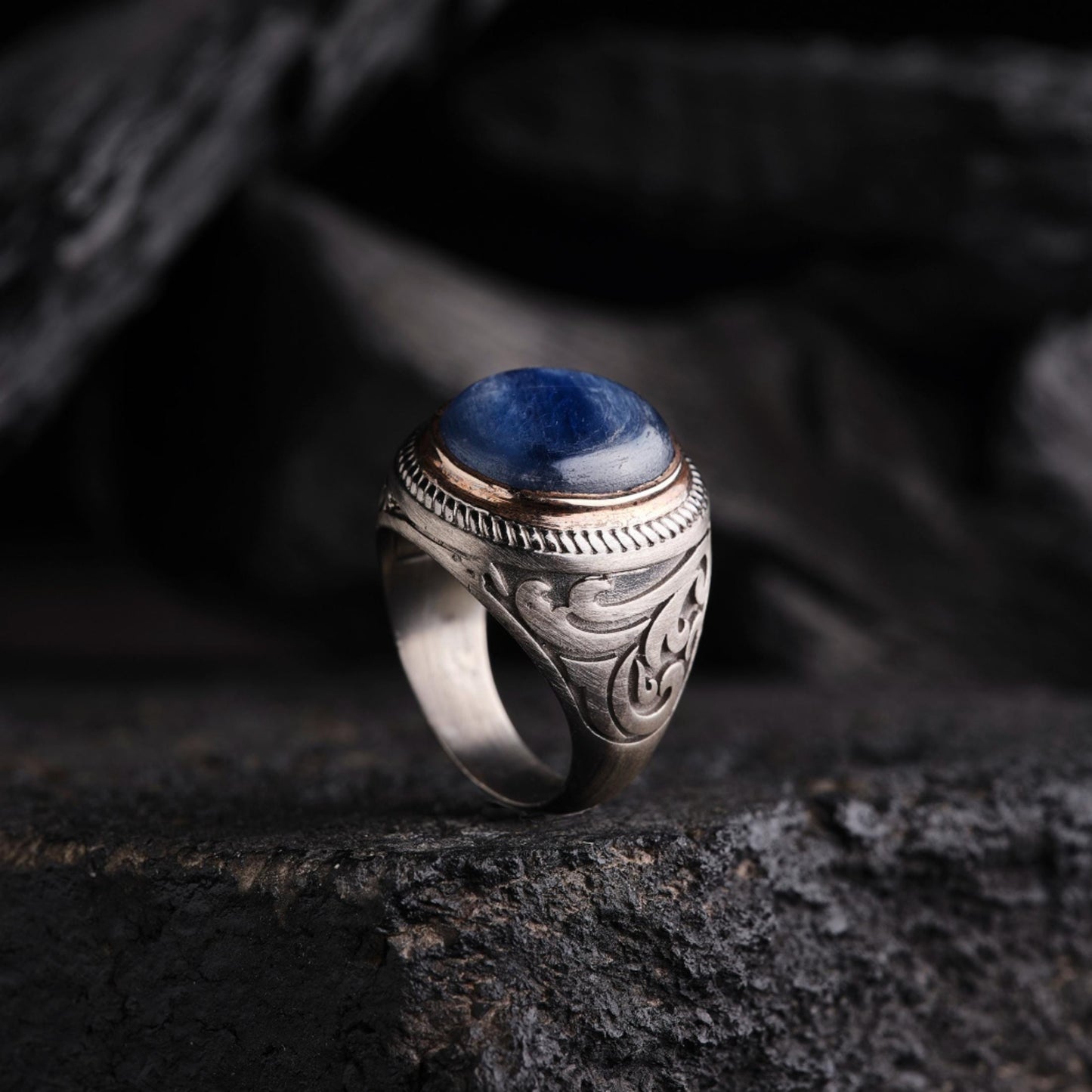 Lapis Lazuli Ring 925 Silver Ottoman Engraved Handmade Men