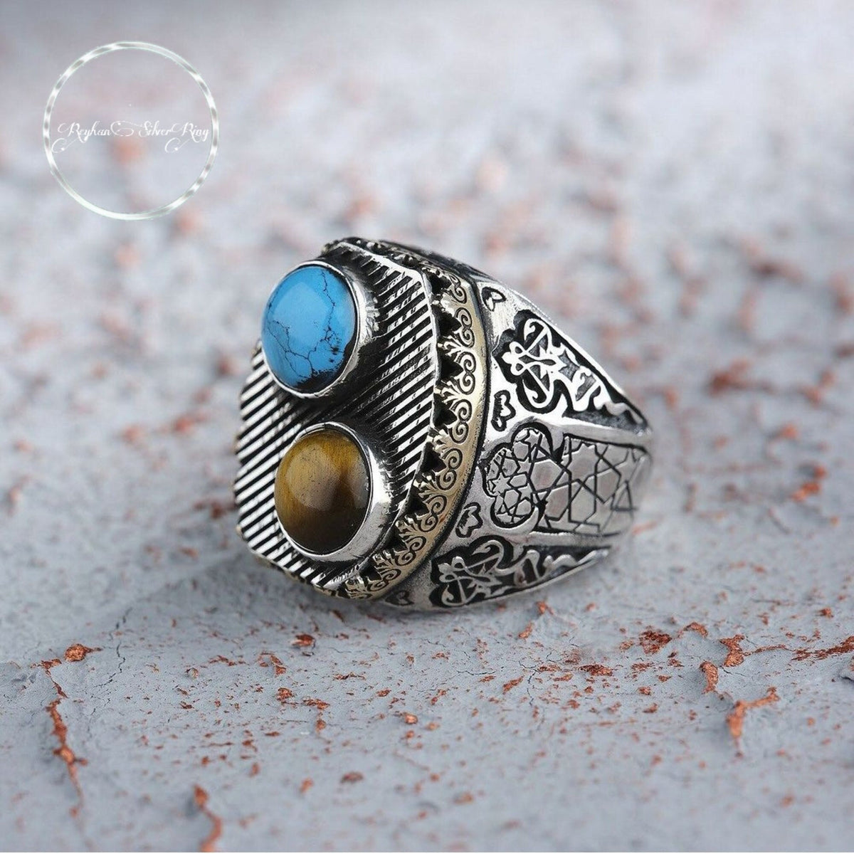 Turquoise and tiger eye double stone ring – view 3