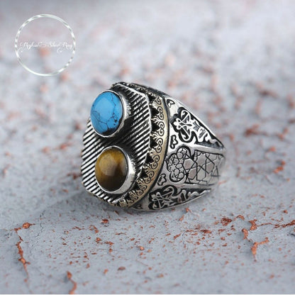 Turquoise and tiger eye double stone ring – view 3