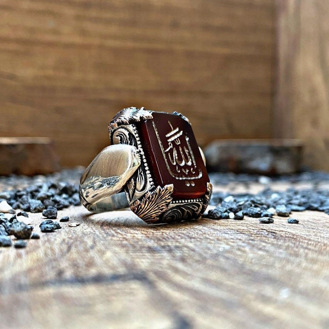 Red Yemeni Agate Ring – Allah Inscription 925 Silver | Men's Ring