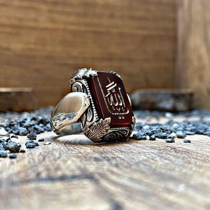 Red Yemeni Agate Ring – Allah Inscription 925 Silver | Men's Ring