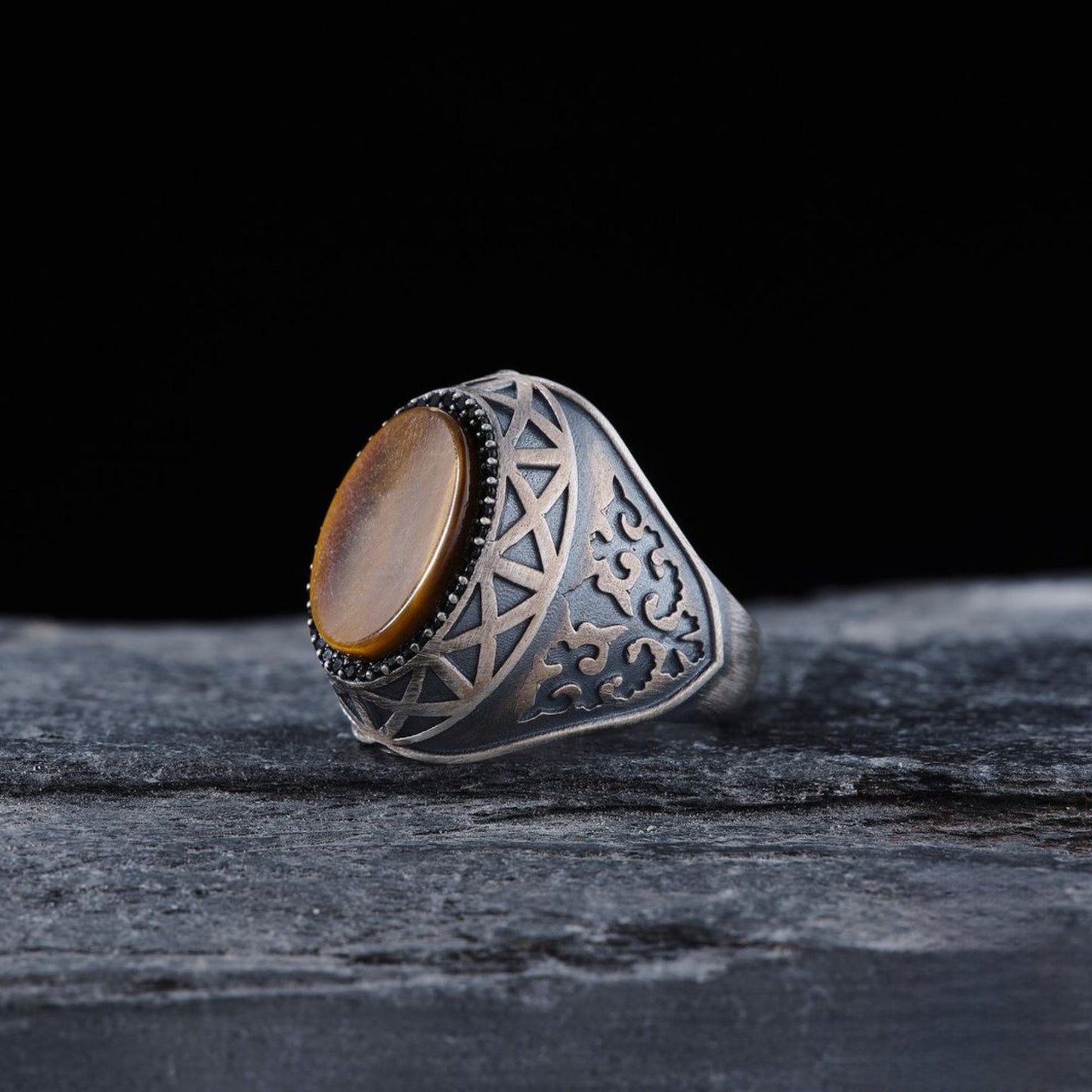 Tiger Eye & Black Zircon Ring – Men's | 925 Silver