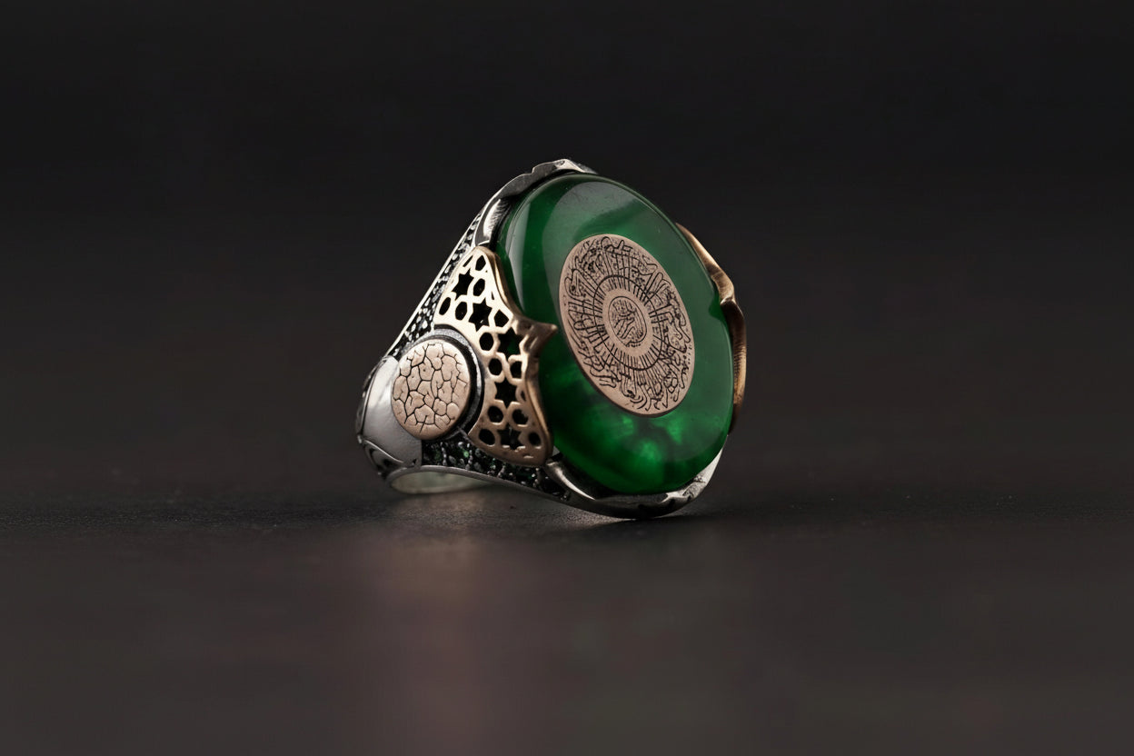 Surah Al-Inshirah Ring 925 Sterling Silver Green Amber Hand-Oxidized Islamic Men's Handcrafted