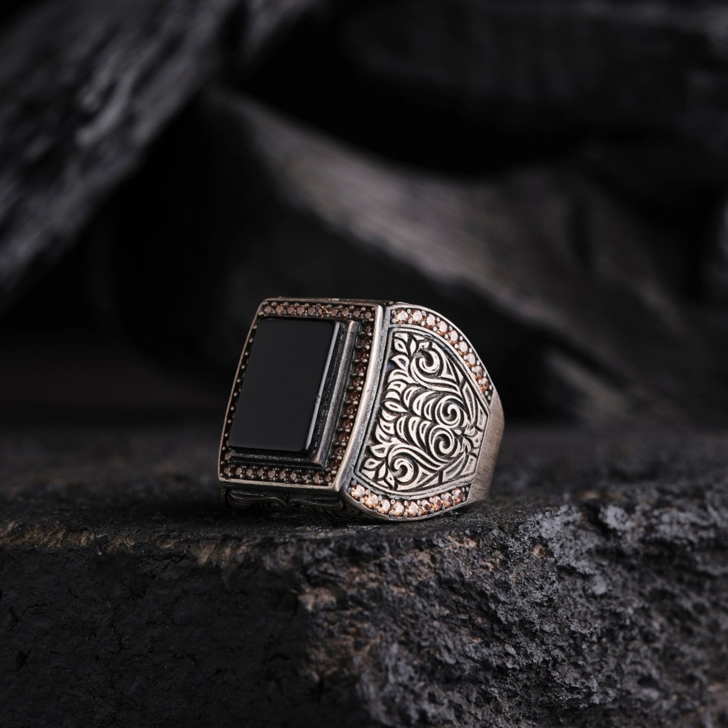 Black Onyx Coral Micro Stone Ring 925 Sterling Silver Oxidized Handcrafted