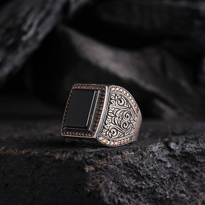 Black Onyx Coral Micro Stone Ring 925 Sterling Silver Oxidized Handcrafted