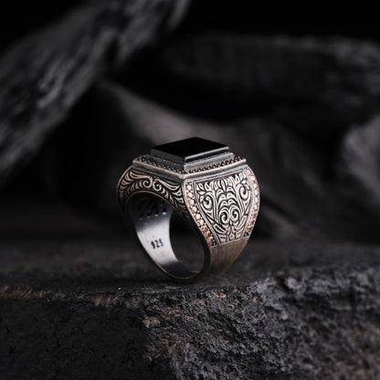 Black Onyx Coral Micro Stone Ring 925 Sterling Silver Oxidized Handcrafted