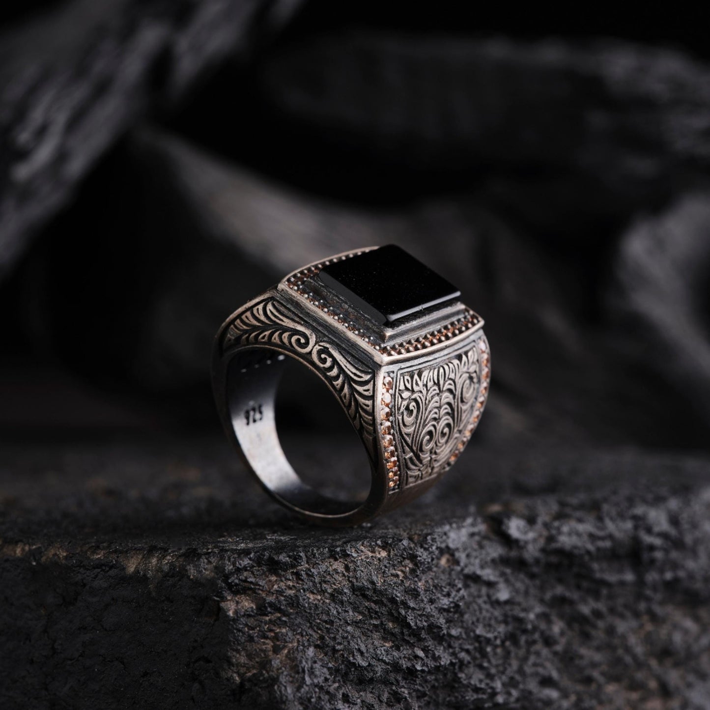 Black Onyx Coral Micro Stone Ring 925 Sterling Silver Oxidized Handcrafted