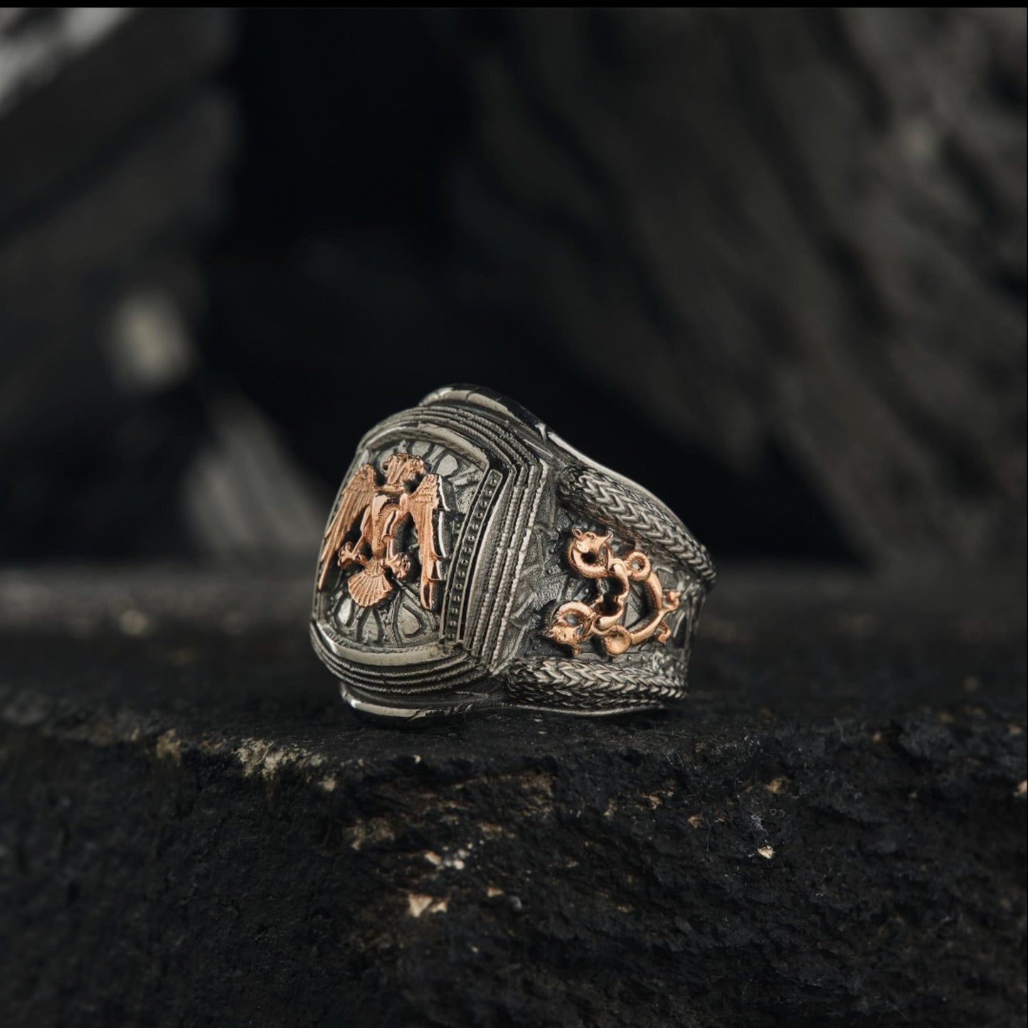 Doppeladlerring aus 925er Silber: Bozkurt- und Oghusen-Symbole, osmanischer Stil