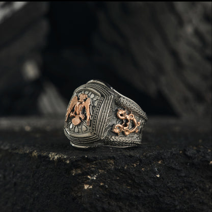 Doppeladlerring aus 925er Silber: Bozkurt- und Oghusen-Symbole, osmanischer Stil