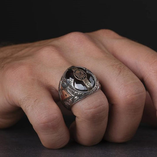 Ottoman Tughra Ring 925 Silver Black Onyx Turkish Handmade