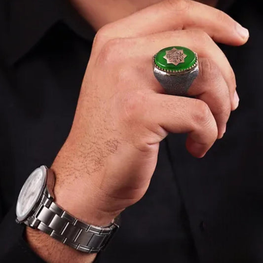 Shahada Ring 925 Sterling Silver Green Amber La Ilaha Illallah Engraving Sandblasted Islamic Men's