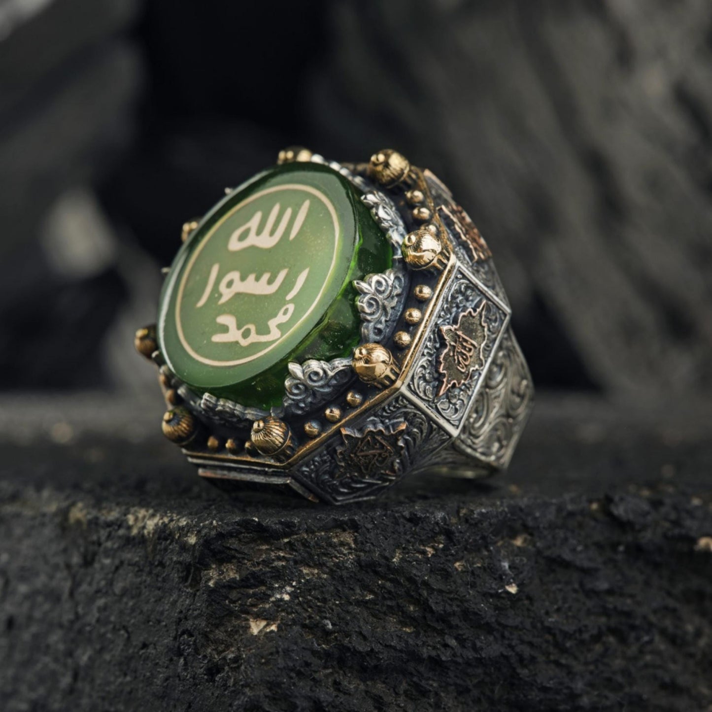 Green Amber Islamic Ring 925 Silver Prophet Seal Ottoman