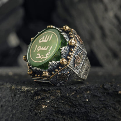 Green Amber Islamic Ring 925 Silver Prophet Seal Ottoman