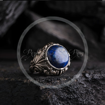 Lapis Lazuli Ring 925 Silver Ottoman Split Shank Oxidized Handmade