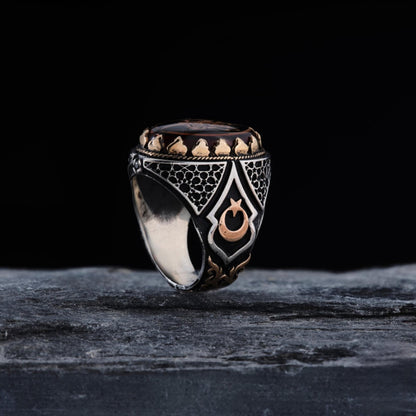 Wolf- und Adlerring aus Sterlingsilber: Schmuck aus rotem Bernstein, türkischer Bozkurt-Schmuck